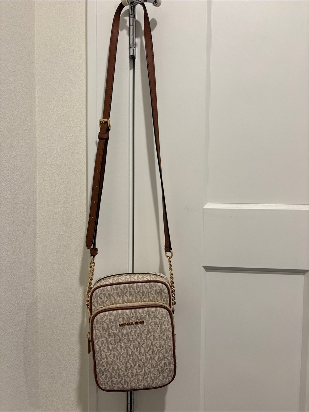 Michael Kors Beige Logo Crossbody with Brown Trim and Gold Hardware